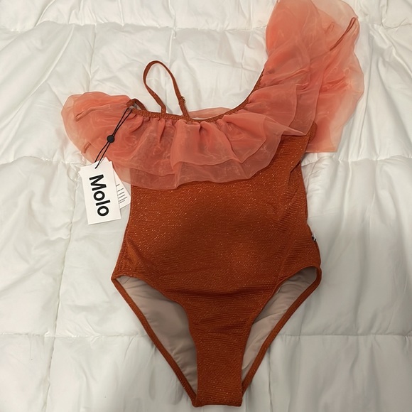 NWT !!!! MOLO Ruffled Asymmetrical Swimsuit in Rusty Orange …pairs with cover up - Picture 4 of 4